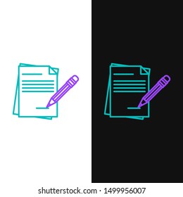 Green and purple line Blank notebook and pencil with eraser icon isolated on white and black background. Paper and pencil.  Vector Illustration