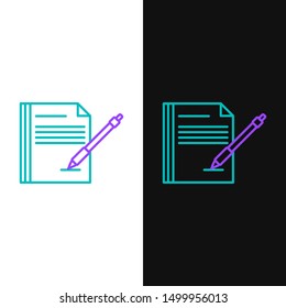 Green and purple line Blank notebook and pen icon isolated on white and black background. Paper and pen.  Vector Illustration