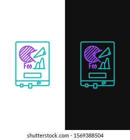 Green and purple line Board with graph chart icon isolated on white and black background. Report text file icon. Accounting sign. Audit, analysis, planning.  Vector Illustration