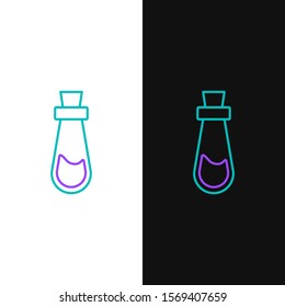 Green and purple line Bottle with potion icon isolated on white and black background. Flask with magic potion. Happy Halloween party.  Vector Illustration