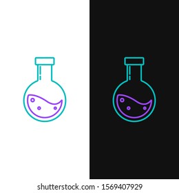 Green and purple line Bottle with potion icon isolated on white and black background. Flask with magic potion. Happy Halloween party.  Vector Illustration
