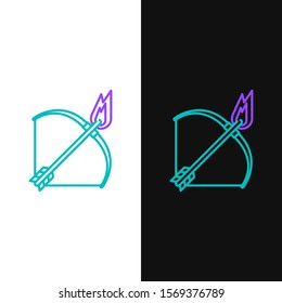 Green and purple line Bow and fire arrow icon isolated on white and black background.  Vector Illustration
