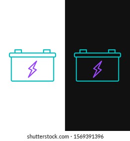 Green and purple line Car battery icon isolated on white and black background. Accumulator battery energy power and electricity accumulator battery.  Vector Illustration