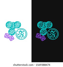 Green and purple line Casino chips, game dice and glass of whiskey with ice cubes icon isolated on white and black background. Casino poker.  Vector Illustration