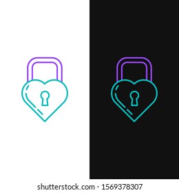 Green and purple line Castle in the shape of a heart icon isolated on white and black background. Locked Heart. Love symbol and keyhole sign.  Vector Illustration