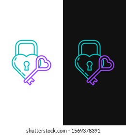 Green and purple line Castle in the shape of a heart and key icon isolated on white and black background. Locked Heart. Love symbol and keyhole sign.  Vector Illustration