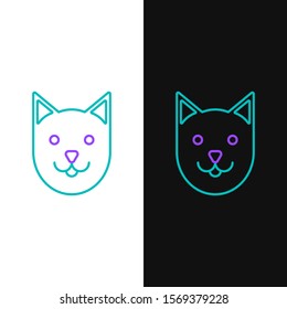 Green and purple line Cat icon isolated on white and black background.  Vector Illustration