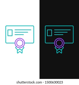 Green and purple line Certificate template icon isolated on white and black background. Achievement, award, degree, grant, diploma concepts. Business success certificate.  Vector Illustration