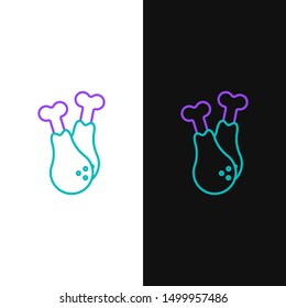Green and purple line Chicken leg icon isolated on white and black background. Chicken drumstick.  Vector Illustration