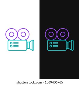 Green and purple line Cinema camera icon isolated on white and black background. Video camera. Movie sign. Film projector.  Vector Illustration