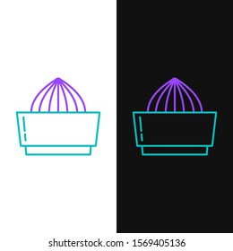 Green and purple line Citrus fruit juicer icon isolated on white and black background.  Vector Illustration