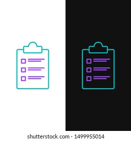 Green and purple line Clipboard with checklist icon isolated on white and black background. Control list symbol. Survey poll or questionnaire feedback form.  Vector Illustration