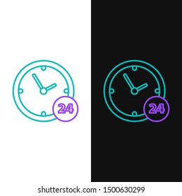 Green and purple line Clock 24 hours icon isolated on white and black background. All day cyclic icon. 24 hours service symbol.  Vector Illustration