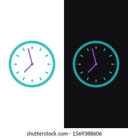 Green and purple line Clock icon isolated on white and black background. Time symbol.  Vector Illustration