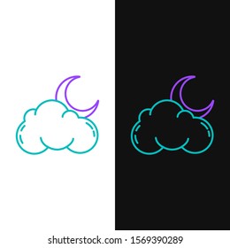 Green and purple line Cloud with moon and stars icon isolated on white and black background. Cloudy night sign. Sleep dreams symbol. Night or bed time sign.  Vector Illustration
