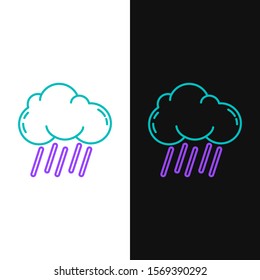 Green and purple line Cloud with rain icon isolated on white and black background. Rain cloud precipitation with rain drops.  Vector Illustration