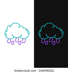 Green and purple line Cloud with rain icon isolated on white and black background. Rain cloud precipitation with rain drops.  Vector Illustration