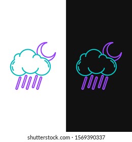 Green and purple line Cloud with rain and moon icon isolated on white and black background. Rain cloud precipitation with rain drops.  Vector Illustration