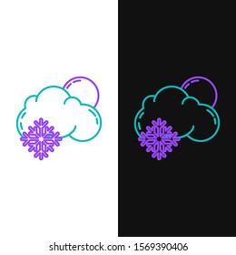 Green and purple line Cloud with snow and sun icon isolated on white and black background. Cloud with snowflakes. Single weather icon. Snowing sign.  Vector Illustration
