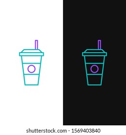Green and purple line Coffee cup icon isolated on white and black background. Disposable coffee cup with hot coffee.  Vector Illustration