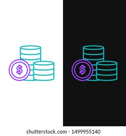 Green and purple line Coin money with dollar symbol icon isolated on white and black background. Banking currency sign. Cash symbol.  Vector Illustration