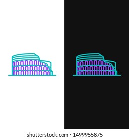 Green and purple line Coliseum in Rome, Italy icon isolated on white and black background. Colosseum sign. Symbol of Ancient Rome, gladiator fights.  Vector Illustration