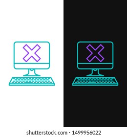 Green and purple line Computer with keyboard and x mark icon isolated on white and black background. Error window, exit button, cancel, 404 error page not found concept.  Vector Illustration