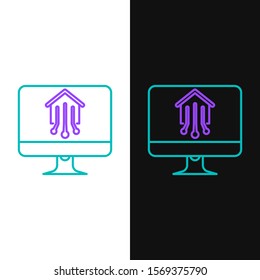 Green and purple line Computer monitor with smart home icon isolated on white and black background. Remote control.  Vector Illustration