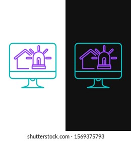 Green and purple line Computer monitor with smart house and alarm icon isolated on white and black background. Security system of smart home.  Vector Illustration