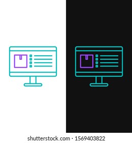 Green and purple line Computer monitor with app delivery tracking icon isolated on white and black background. Parcel tracking.  Vector Illustration