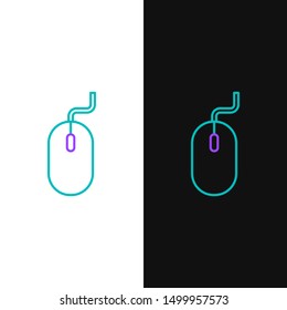 Green and purple line Computer mouse icon isolated on white and black background. Optical with wheel symbol.  Vector Illustration