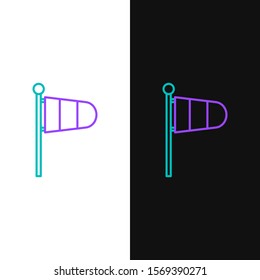 Green and purple line Cone meteorology windsock wind vane icon isolated on white and black background. Windsock indicate the direction and strength of the wind.  Vector Illustration