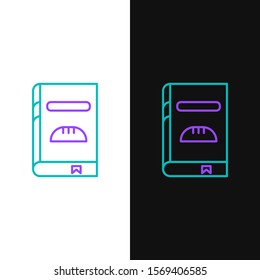 Green and purple line Cookbook icon isolated on white and black background. Cooking book icon. Recipe book. Fork and knife icons. Cutlery symbol.  Vector Illustration