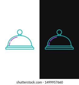 Green and purple line Covered with a tray of food icon isolated on white and black background. Tray and lid sign. Restaurant cloche with lid. Kitchenware symbol.  Vector Illustration