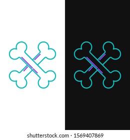 Green and purple line Crossed bones icon isolated on white and black background. Pets food symbol. Happy Halloween party.  Vector Illustration