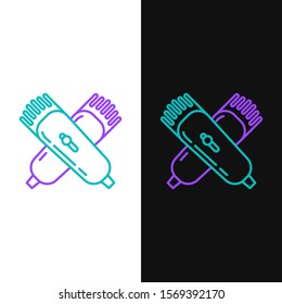 Green and purple line Crossed electrical hair clipper or shaver icon isolated on white and black background. Barbershop symbol.  Vector Illustration