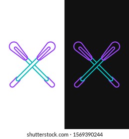 Green and purple line Crossed paddle icon isolated on white and black background. Paddle boat oars.  Vector Illustration