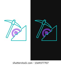 Green and purple line Cryptocurrency cloud mining icon isolated on white and black background. Cloud with pickaxe, bitcoin, digital money market, cryptocoin wallet.  Vector Illustration