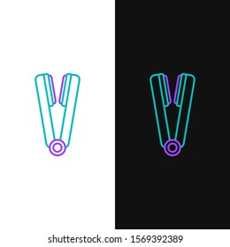 Green and purple line Curling iron for hair icon isolated on white and black background. Hair straightener icon.  Vector Illustration