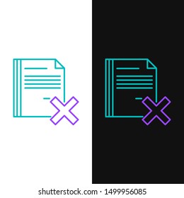 Green and purple line Delete file document icon isolated on white and black background. Rejected document icon. Cross on paper.  Vector Illustration