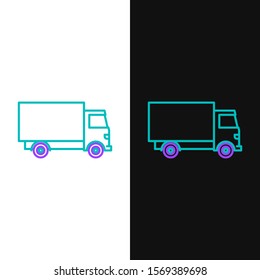 Green and purple line Delivery cargo truck vehicle icon isolated on white and black background.  Vector Illustration