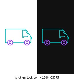 Green and purple line Delivery cargo truck vehicle icon isolated on white and black background.  Vector Illustration