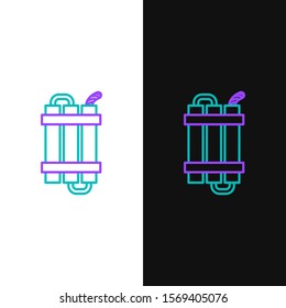 Green and purple line Detonate dynamite bomb stick and timer clock icon isolated on white and black background. Time bomb - explosion danger concept.  Vector Illustration