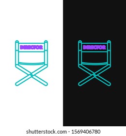 Green and purple line Director movie chair icon isolated on white and black background. Film industry.  Vector Illustration