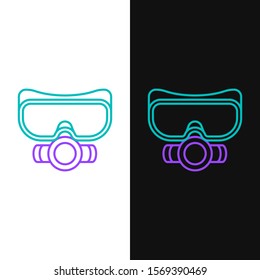 Green and purple line Diving mask icon isolated on white and black background. Extreme sport. Sport equipment.  Vector Illustration