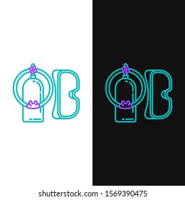 Green and purple line Diving mask and aqualung icon isolated on white and black background. Oxygen tank for diver. Extreme sport. Sport equipment.  Vector Illustration