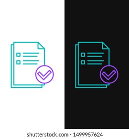 Green and purple line Document and check mark icon isolated on white and black background. Checklist icon. Business concept.  Vector Illustration