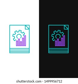 Green and purple line Document with graph chart icon isolated on white and black background. Report text file icon. Accounting sign. Audit, analysis, planning.  Vector Illustration