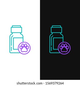 Green and purple line Dog medicine bottle icon isolated on white and black background. Container with pills. Prescription medicine for animal.  Vector Illustration