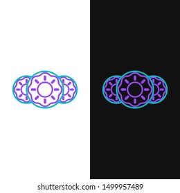 Green and purple line Donut with sweet glaze icon isolated on white and black background.  Vector Illustration
